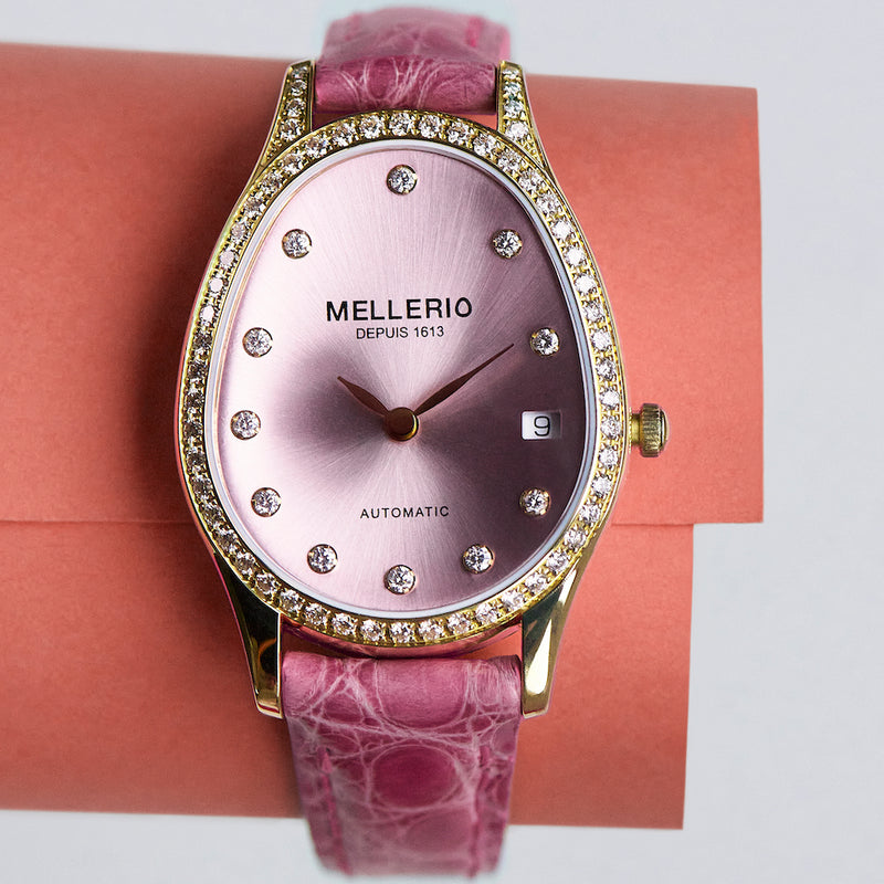Yellow Gold and Diamond Mini M Cut Paved Watch Pink Dial - Luxury Watch ...