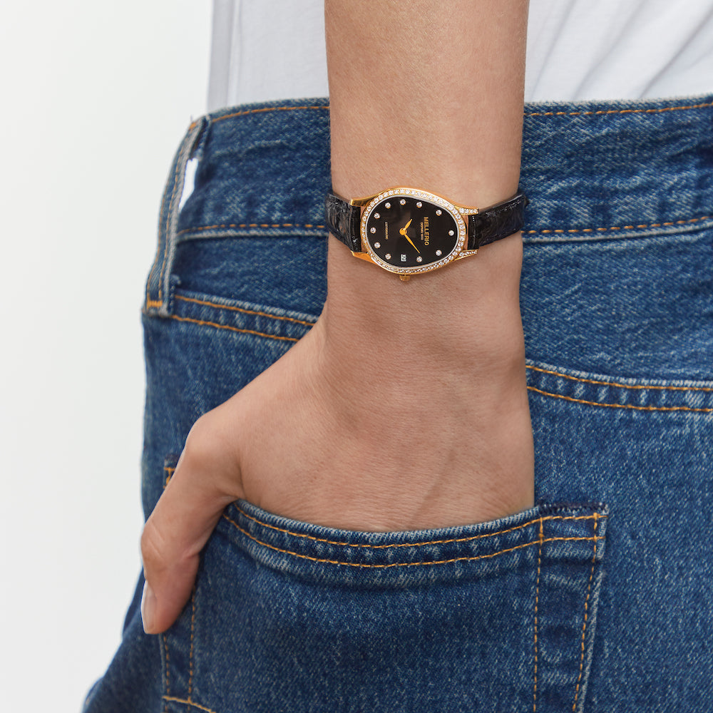 Mini M cut Paved Watch - Black Dial
